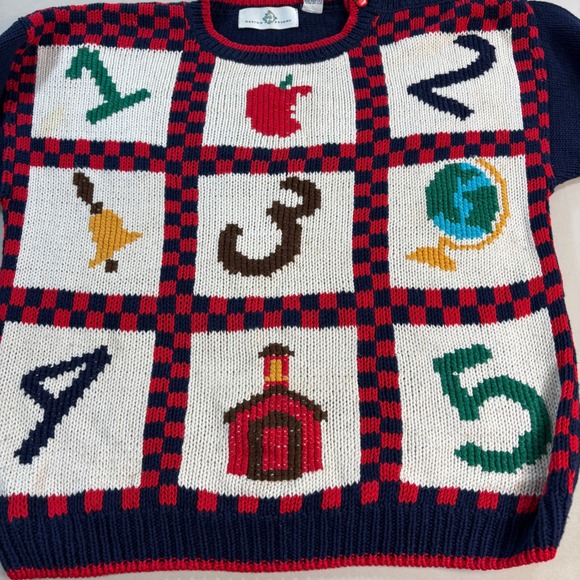 Design Options Vintage Novelty Knit Sweater School Teacher Numbers Apples M - Picture 2 of 9